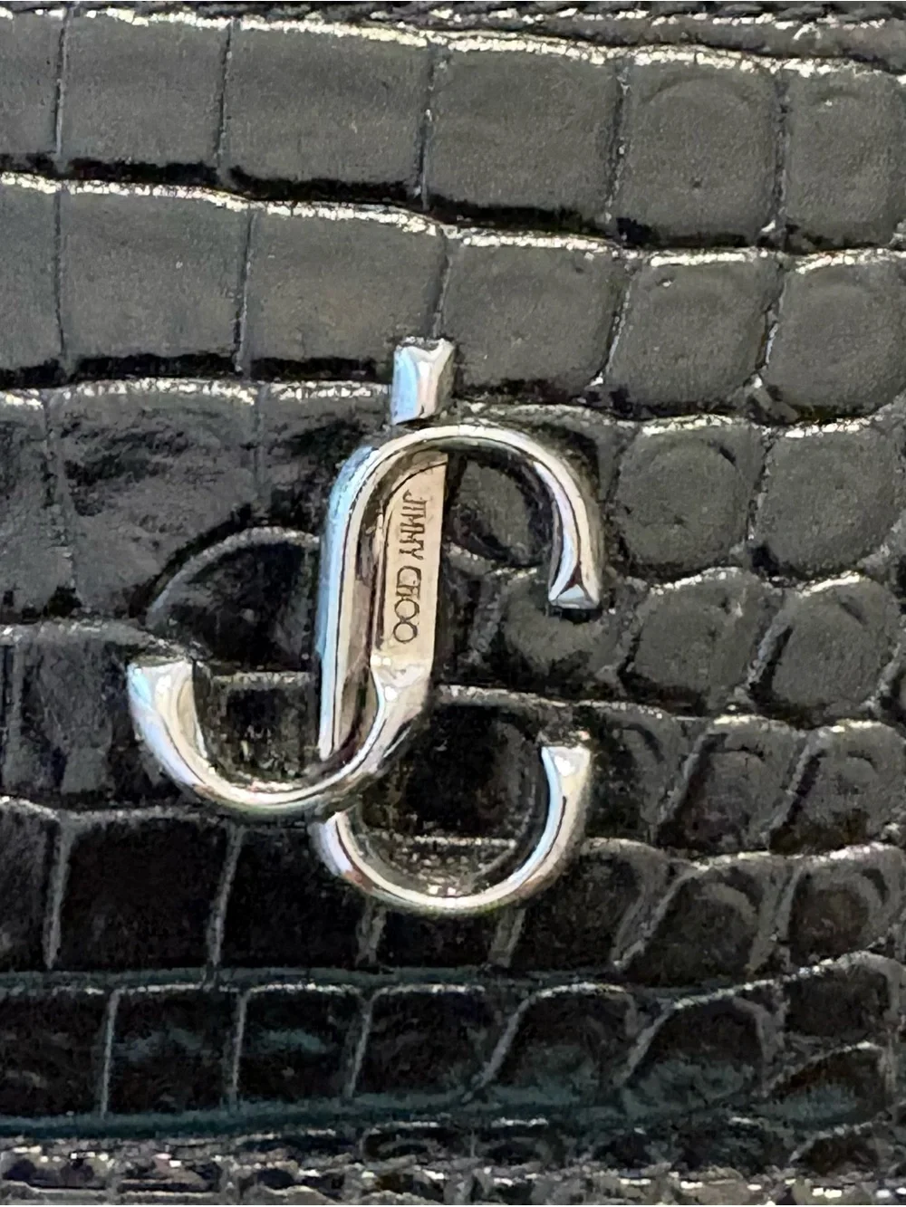 Jimmy Choo Black Croc-Embossed Leather Card Case with Silver JC Logo